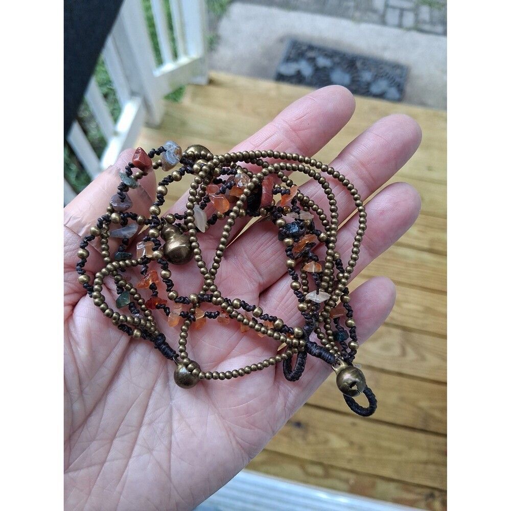 Set of 2 Chime Bell Bracelets Semi Precious Stones Beads & Metal